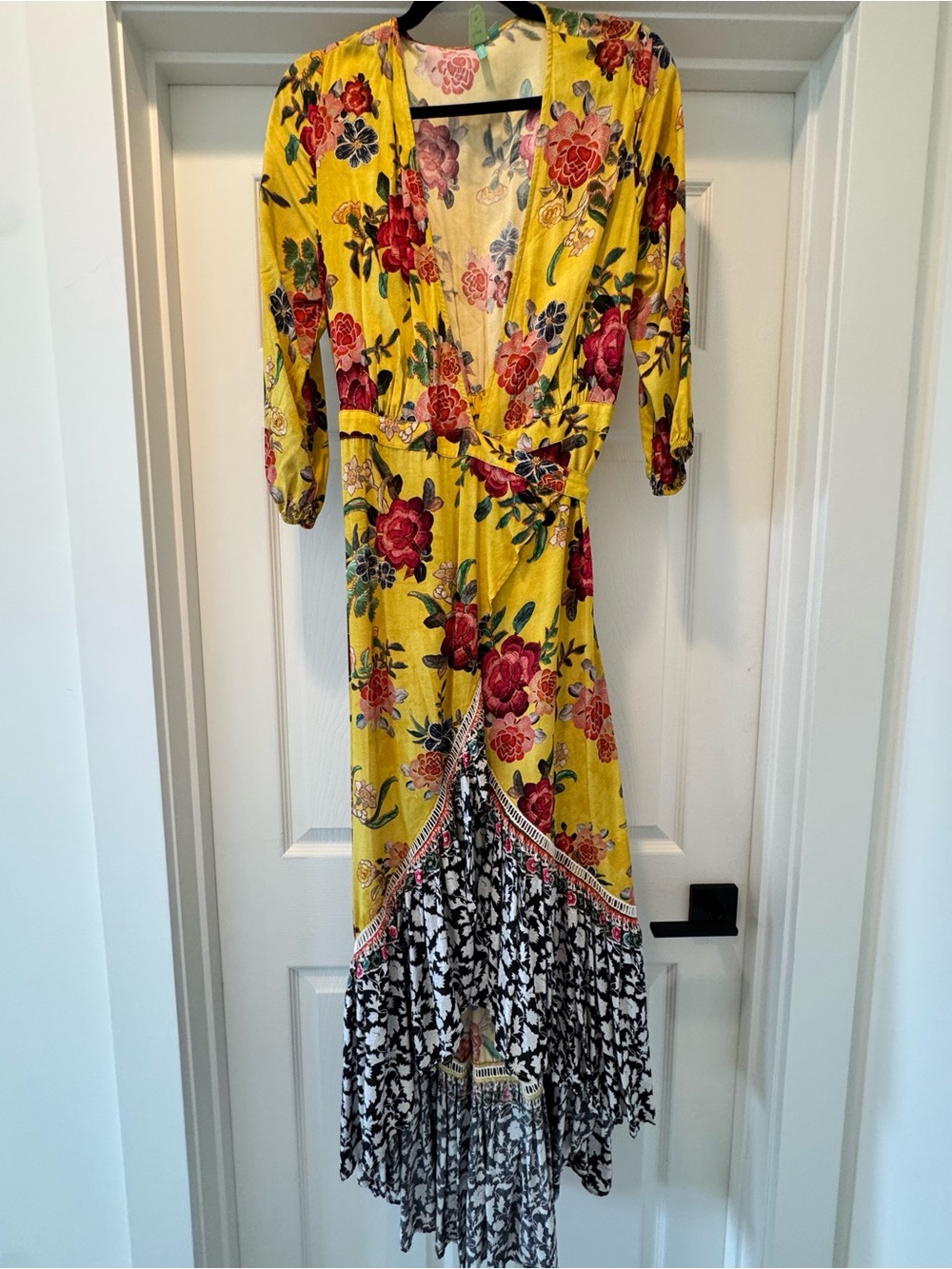 FARM Rio Yellow Floral Wrap Maxi Dress with Mixed-Print Hem